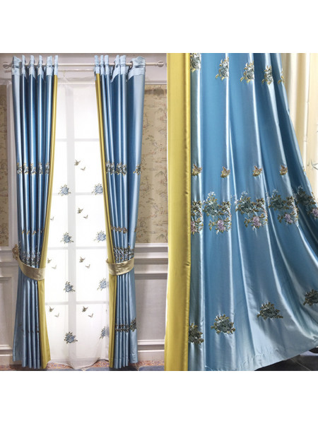 QYHL226N Silver Beach Embroidered Peony Faux Silk Beautiful Custom Made Curtains For Living Room(Color: Blue)