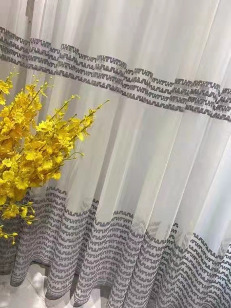 QYI221O Venus Embroidery Beautiful Grey Horizontal Stripes Custom Made Sheer(Color: Grey)
