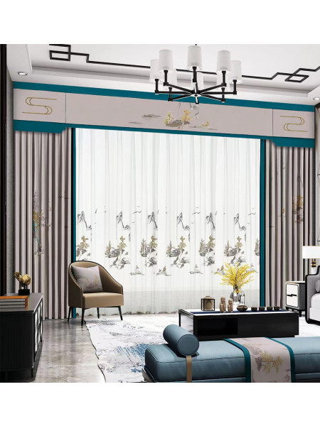 EQYHL225ID Silver Beach Embroidered Picturesque Gold Blue Grey Faux Flat Ready Made Curtains
