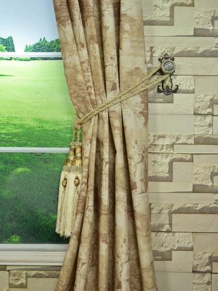Eos Ancient Life Printed Faux Linen Double Pinch Pleat Curtain Tassel Tieback