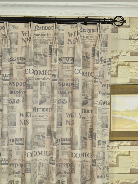 Eos Newspaper Printed Faux Linen Double Pinch Pleat Curtain Heading Style