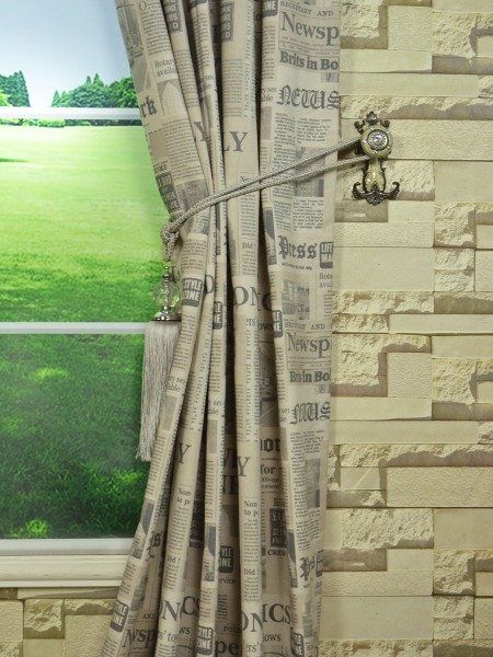 Eos Newspaper Printed Faux Linen Double Pinch Pleat Curtain Tassel Tieback