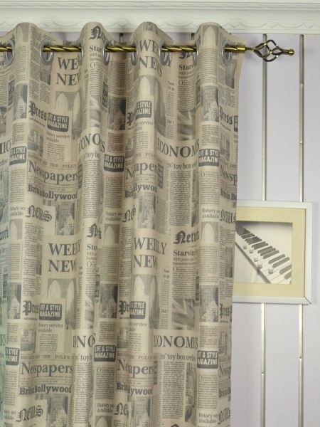 Eos Newspaper Printed Faux Linen Custom Made Curtains (Heading: Grommet)