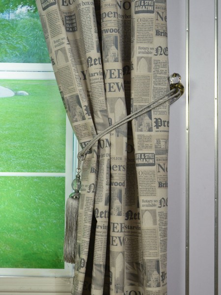 Eos Newspaper Printed Faux Linen Grommet Curtain Tassel Tieback