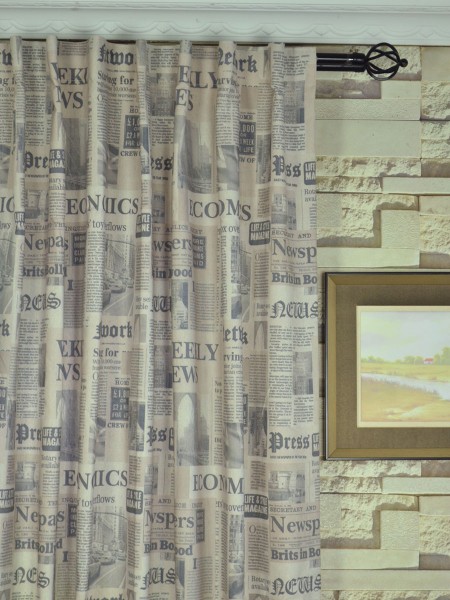 Eos Newspaper Printed Faux Linen Back Tab Curtain Heading Style