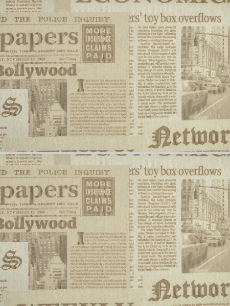 Eos Newspaper Printed Faux Linen Grommet Curtain (Color: Chamoisee)