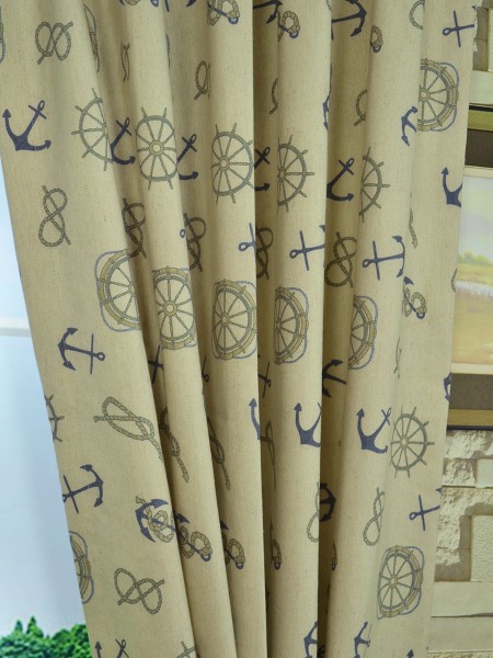Eos Nautical Printed Faux Linen Double Pinch Pleat Curtain Fabric