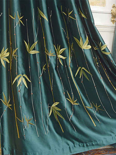QYL2020A Silver Beach Embroidered Chinese Bamboo Faux Silk Custom Made Curtains(Color: Dark green)