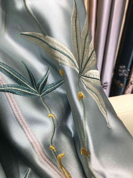 QYL2020A Silver Beach Embroidered Chinese Bamboo Faux Silk Custom Made Curtains(Color: Aqua blue)
