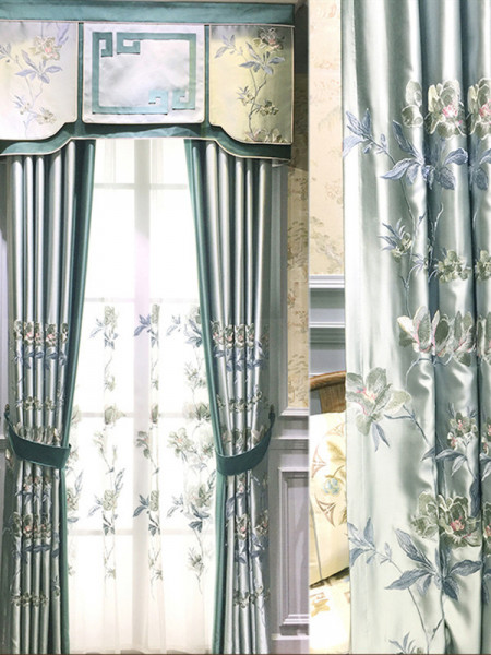 QYL2020B Silver Beach Embroidered Magnolia Blue Faux Silk Custom Made Curtains