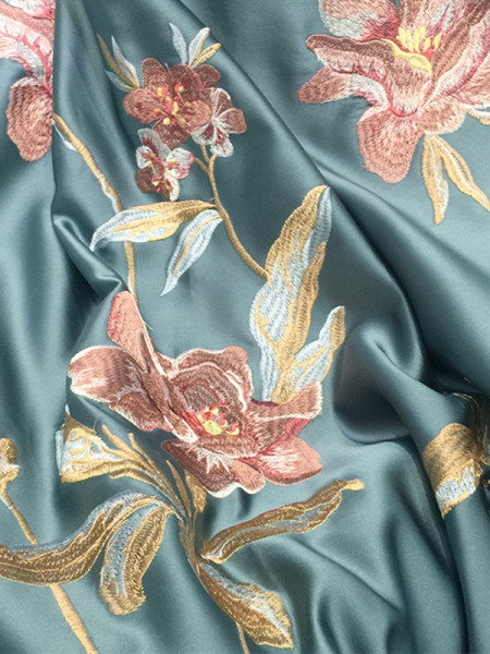 QYL2020B Silver Beach Embroidered Magnolia Blue Faux Silk Custom Made Curtains(Color: Blue)