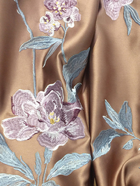 QYL2020N Silver Beach Embroidered Magnolia Beige Brown Faux Silk Custom Made Curtains(Color: Brown)