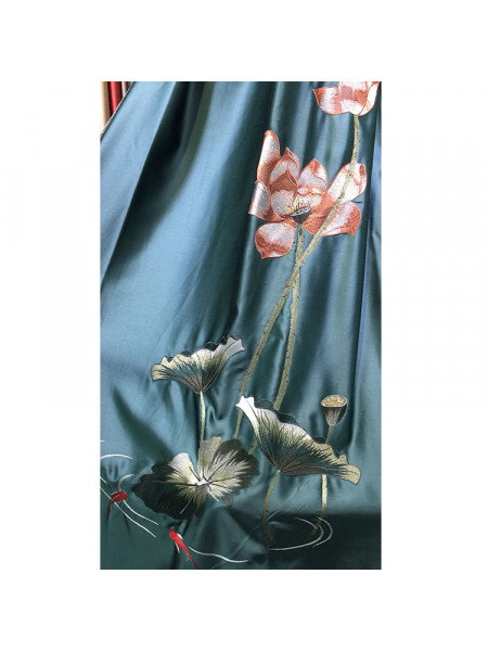 QYL2020D Silver Beach Embroidered Lotus Leaves Faux Silk Custom Made Curtains(Color: Dark green)