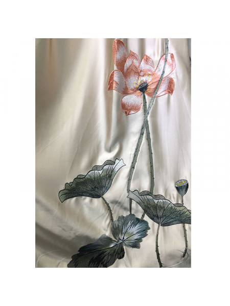 QYL2020D Silver Beach Embroidered Lotus Leaves Faux Silk Custom Made Curtains(Color: Beige)