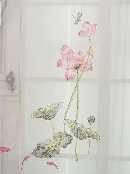 QYL2020D Silver Beach Embroidered Lotus Leaves Faux Silk Custom Made Curtains(Color: Sheer)