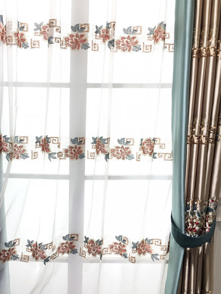 QYL2020M Silver Beach Embroidered Antique Flowers Faux Silk Custom Made Curtains