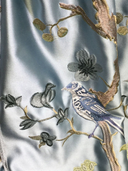 QYL2020E Silver Beach Embroidered Blessed Faux Silk Custom Made Curtains(Color: Blue)