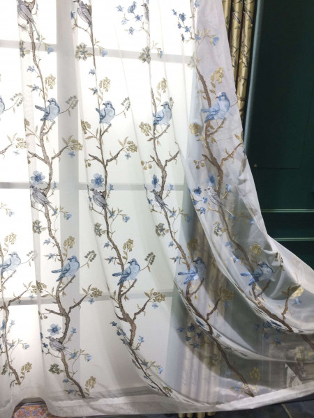QYL2020E Silver Beach Embroidered Blessed Faux Silk Custom Made Curtains(Color: Blue Sheer)
