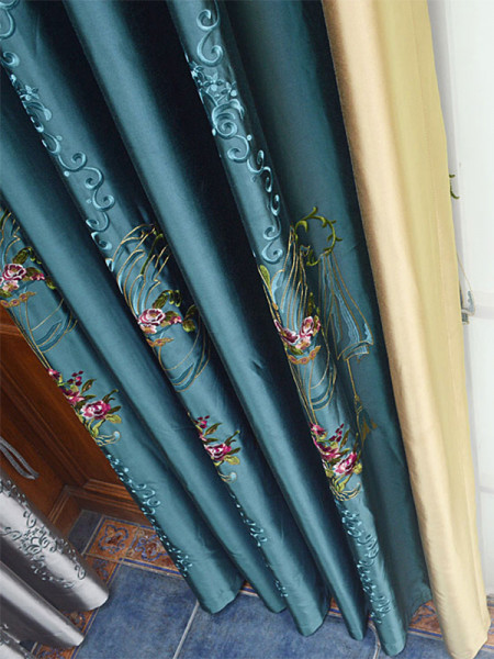 QYL2020F Silver Beach Embroidered Flower Faux Silk Custom Made Curtains(Color: Dark green)