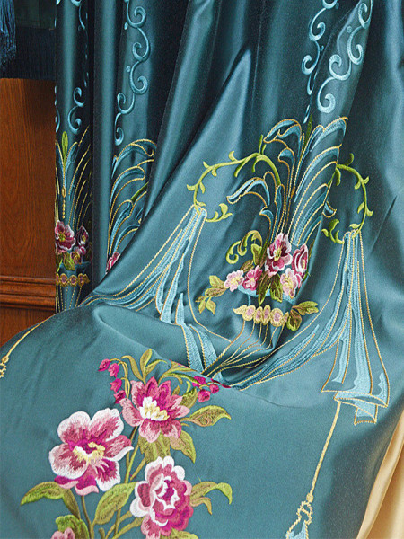 QYL2020F Silver Beach Embroidered Flower Faux Silk Custom Made Curtains