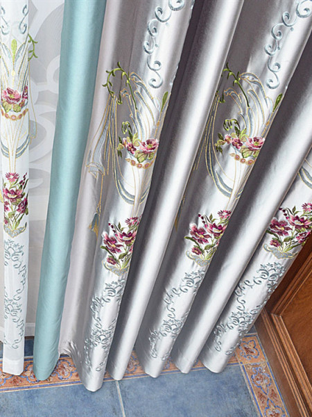 QYL2020F Silver Beach Embroidered Flower Faux Silk Custom Made Curtains(Color: Grey)