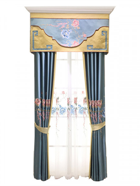 QYL2020K Silver Beach Luxury Embroidered Flowers Faux Silk Custom Made Curtains
