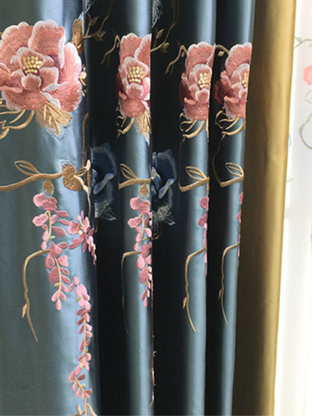 QYL2020K Silver Beach Luxury Embroidered Flowers Faux Silk Custom Made Curtains
