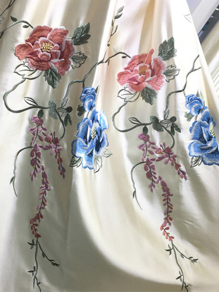 QYL2020K Silver Beach Luxury Embroidered Flowers Faux Silk Custom Made Curtains(Color: Beige)