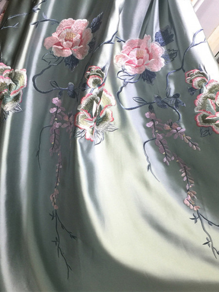 QYL2020K Silver Beach Luxury Embroidered Flowers Faux Silk Custom Made Curtains(Color: Aqua blue)