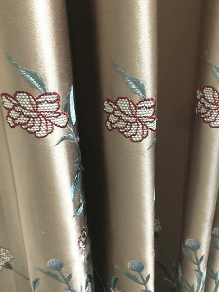 QYL2020L Silver Beach Embroidered Four Treasures Faux Silk Custom Made Curtains(Color: Champagne)