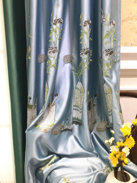 QYL2020L Silver Beach Embroidered Four Treasures Faux Silk Custom Made Curtains(Color: Blue)