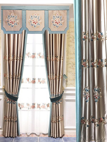 QYL2020M Silver Beach Embroidered Antique Flowers Faux Silk Custom Made Curtains