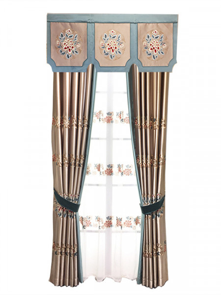 QYL2020M Silver Beach Embroidered Antique Flowers Faux Silk Custom Made Curtains