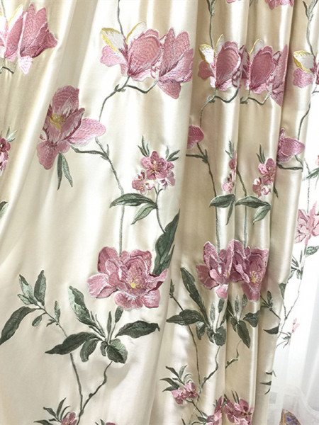 QYL2020N Silver Beach Embroidered Magnolia Beige Brown Faux Silk Custom Made Curtains(Color: Beige)