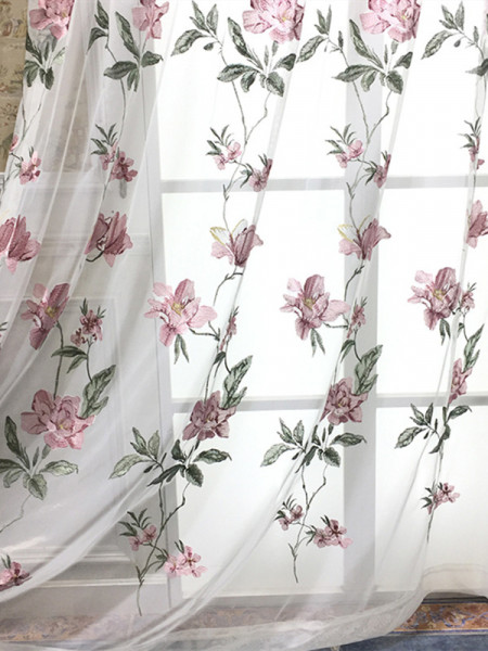 QYL2020N Silver Beach Embroidered Magnolia Beige Brown Faux Silk Custom Made Curtains(Color: Sheer)