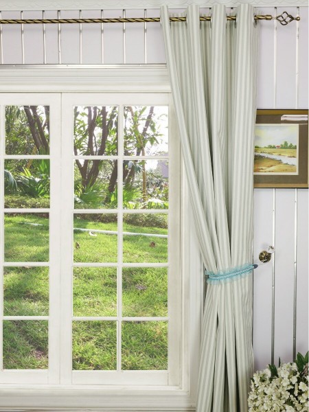 Modern Narrow Striped Cotton Blend Blackout Grommet Ready Made Curtain (Color: Powder Blue)