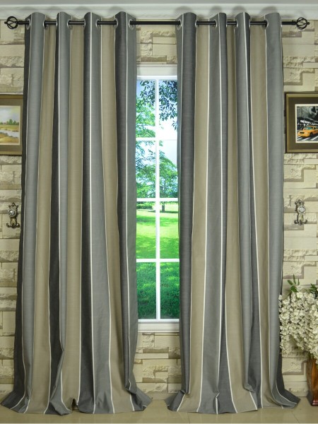 Modern Wide Striped Cotton Blend Blackout Grommet Ready Made Curtain Davys Grey Color