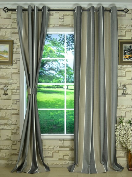 Modern Wide Striped Cotton Blend Blackout Grommet Ready Made Curtain Davys Grey Color