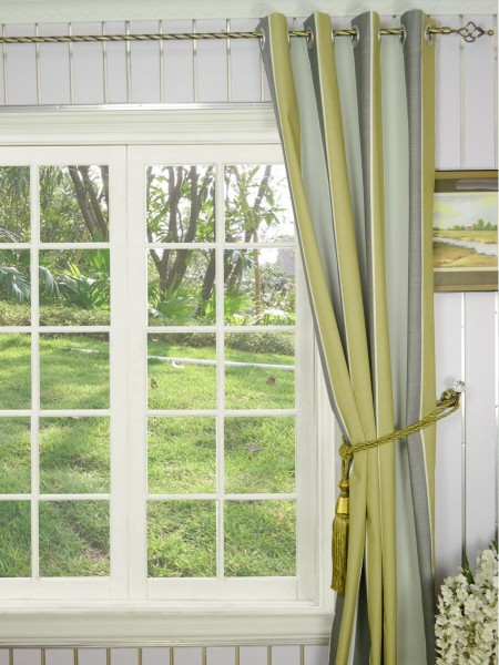 Modern Wide Striped Cotton Blend Blackout Grommet Ready Made Curtain (Color: Old Silver)