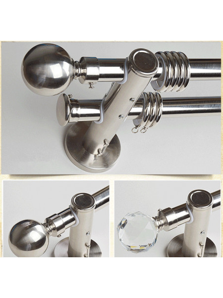 QYR1920 1-1/8" Nickel Silver Steel Curtain Rod Set With Crystal And Ball Finial