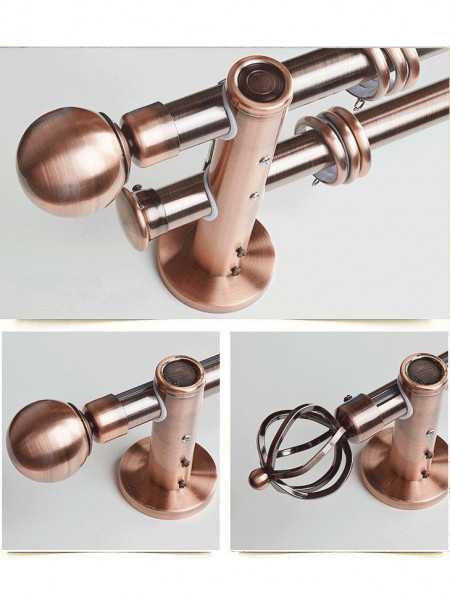 QYR1921 1-1/8" Red Bronze Steel Curtain Rod Set With Crown And Ball Finial