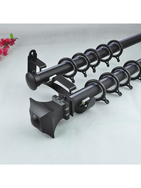 1-1/8" Square Finial Steel Double Curtain Rod Set Custom Length Curtain Rod in Black Color