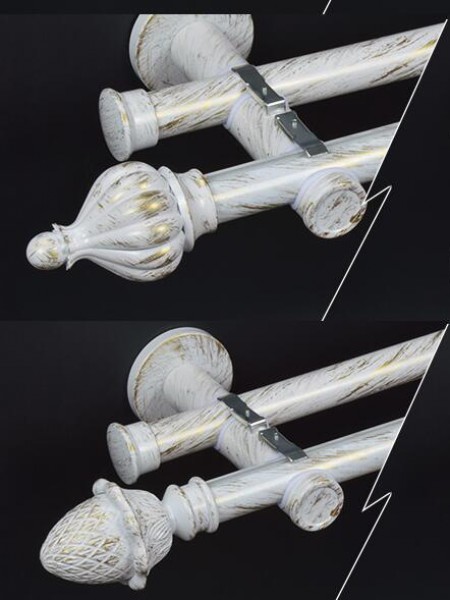 QYRY0122 1-1/8"  Ball Cone Finial Metal Double Curtain rod set Custom Length Curtain Pole(Color: White Brush Gold)