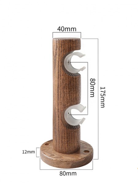 QYT103 Wall Single/Double wooden curtain pole brackets Black walnut(Color: Double round wood bracket)