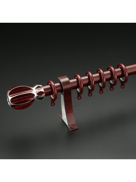 QYT2720 1-1/8" Super Thick Wood Grain Round Single Curtain Rod Set Metal Finial (Color: Red Wood)