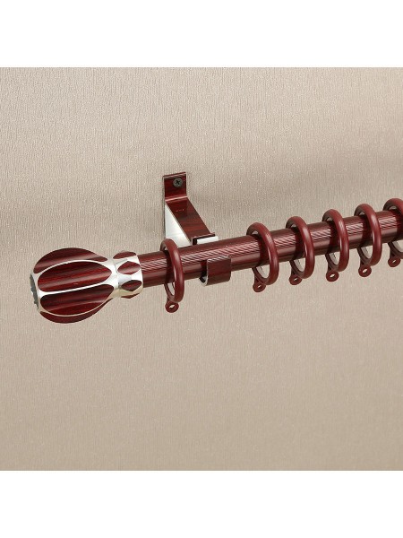 QYT2720 1-1/8" Super Thick Wood Grain Round Single Curtain Rod Set Metal Finial Red Wood Color