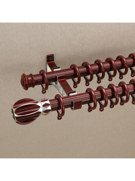 QYT2721 1-1/8" Super Thick Wood Grain Round Double Curtain Rod Set Metal Finial Red Wood Color