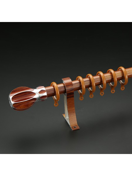 QYT2720 1-1/8" Super Thick Wood Grain Round Single Curtain Rod Set Metal Finial (Color: Teak)