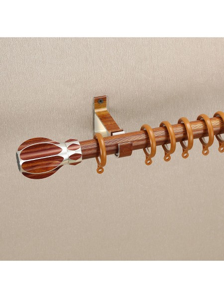 QYT2720 1-1/8" Super Thick Wood Grain Round Single Curtain Rod Set Metal Finial Teak Color