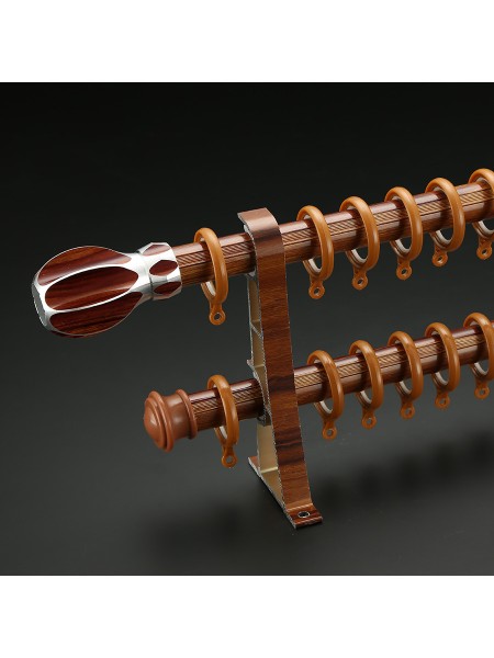 QYT2721 1-1/8" Super Thick Wood Grain Round Double Curtain Rod Set Metal Finial (Color: Teak)
